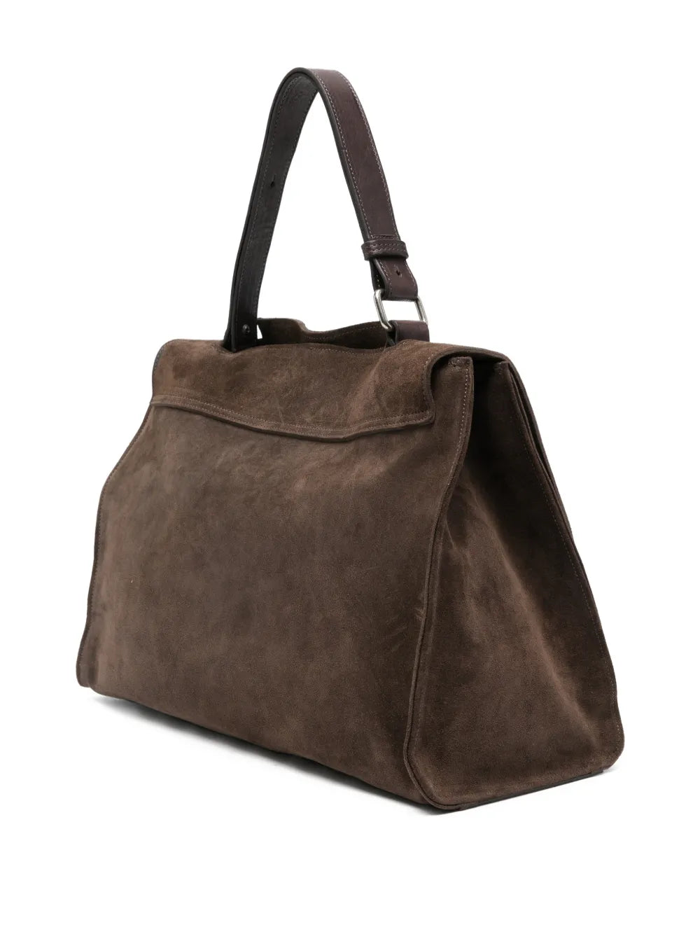 Sommet Mayway L suede coffee brown handbag handmade in Italy with architectural flap and adjustable handle