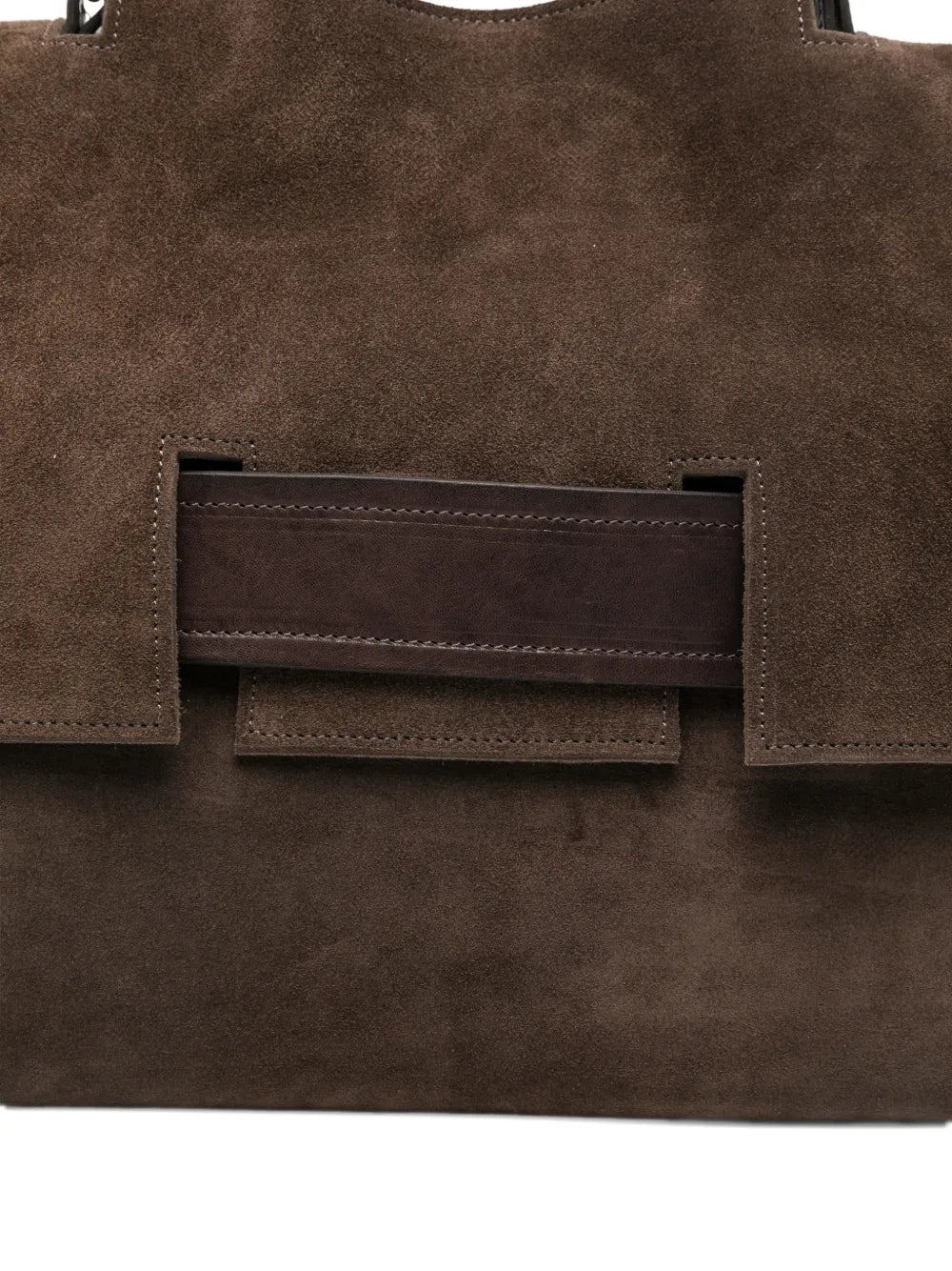 Sommet Mayway L suede coffee brown handbag handmade in Italy with architectural flap and adjustable handle