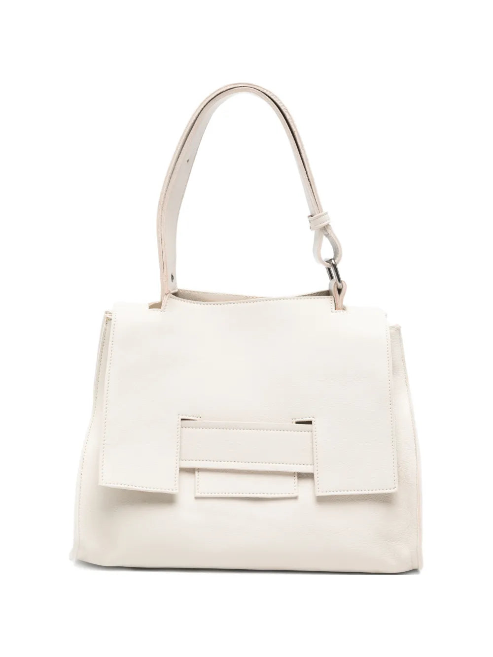 Sommet Mayway Little ivory leather handbag with structured silhouette, geometric flap detail and adjustable top handle, handcrafted in Italy.