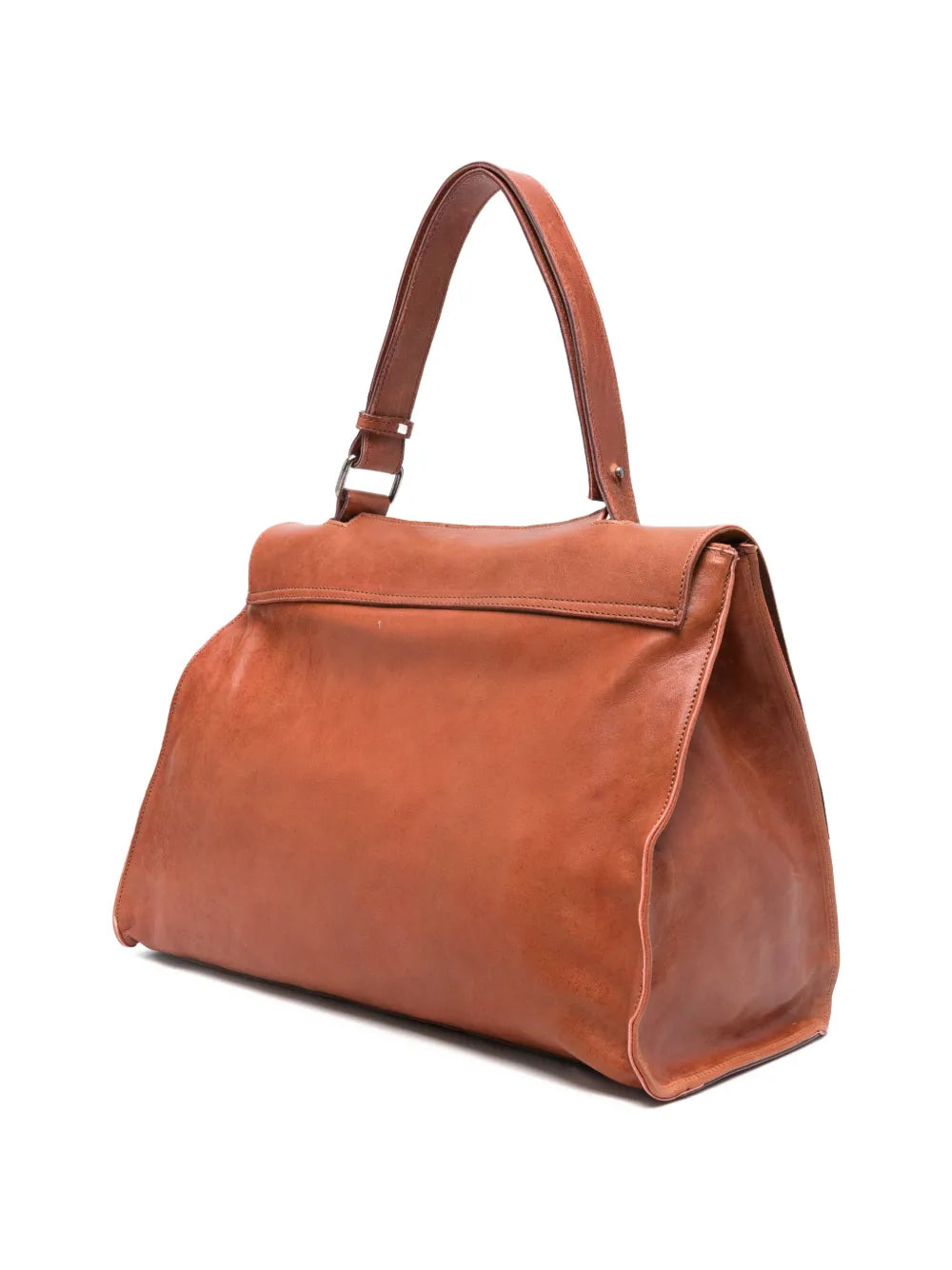 Sommet Mayway Little siena leather handbag carried by hand, structured silhouette with geometric flap detail, handcrafted in Italy.