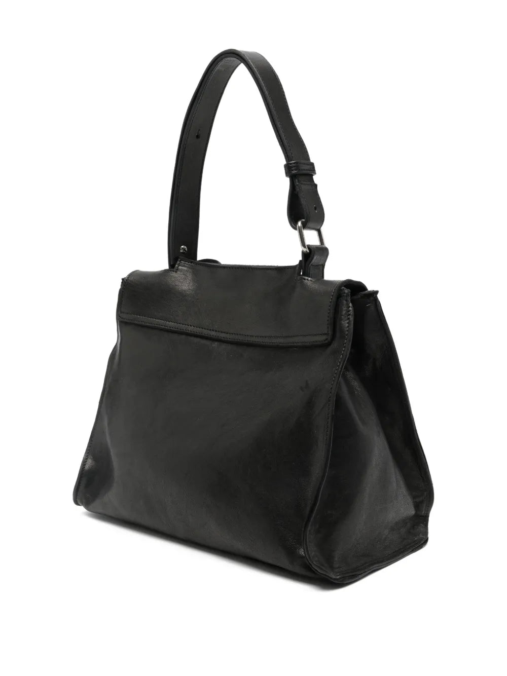 Black structured leather handbag with geometric flap and adjustable strap, handcrafted in Italy.