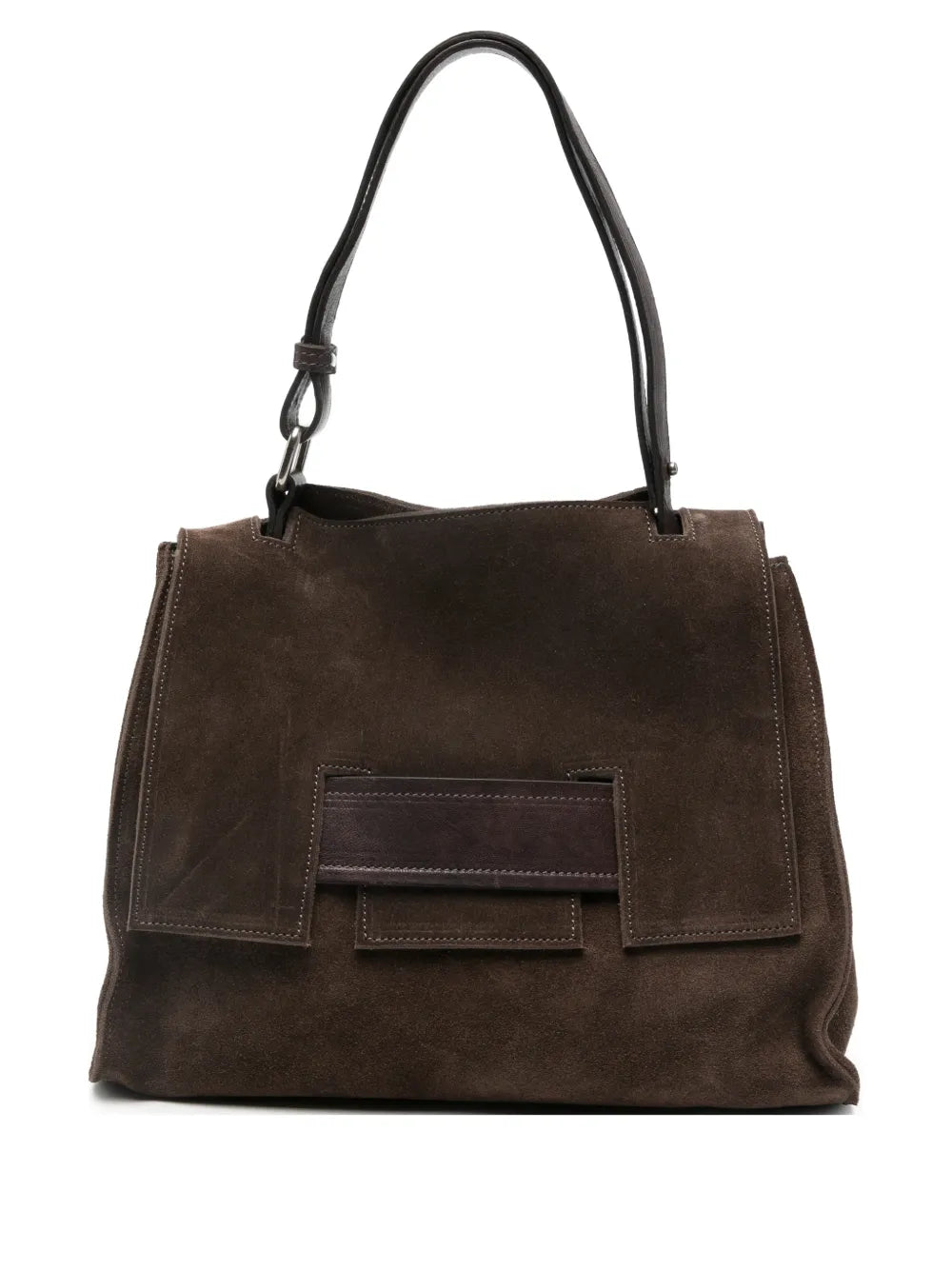Brown suede structured handbag with geometric flap and adjustable strap, handcrafted in Italy.