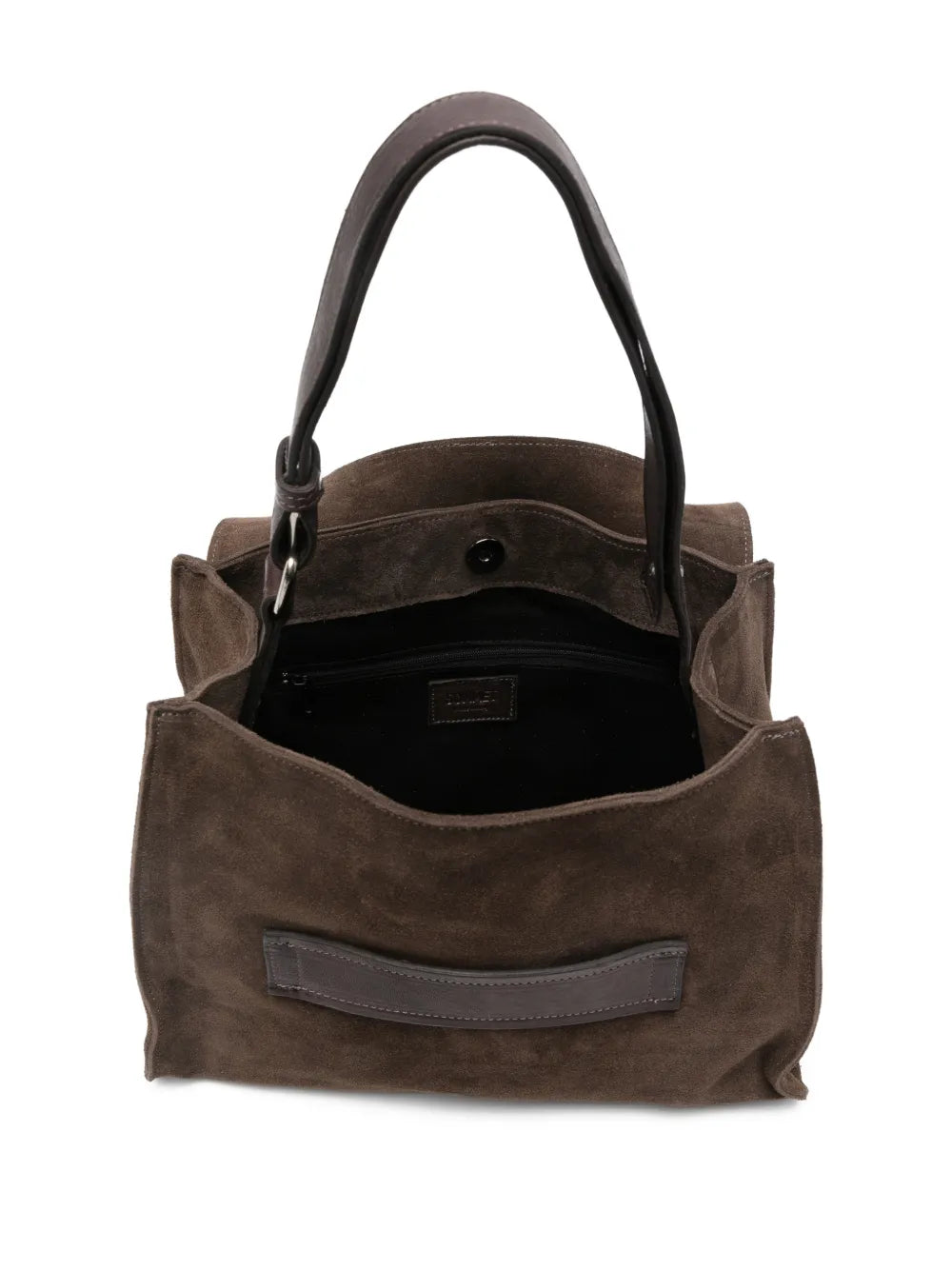 Brown suede structured handbag with geometric flap and adjustable strap, handcrafted in Italy.