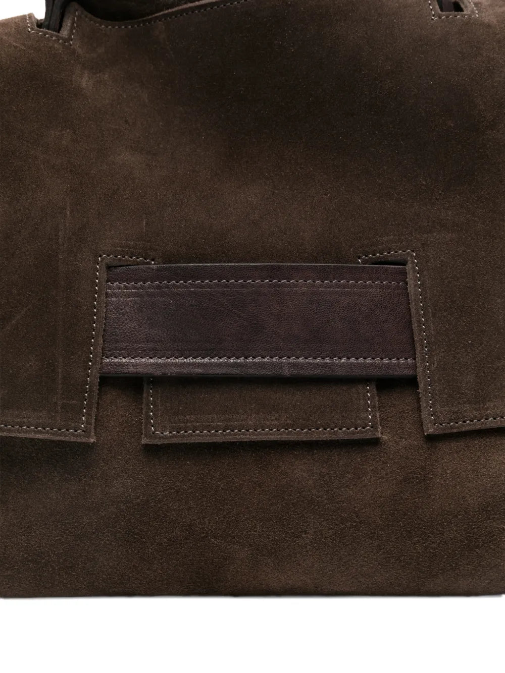 Brown suede structured handbag with geometric flap and adjustable strap, handcrafted in Italy.