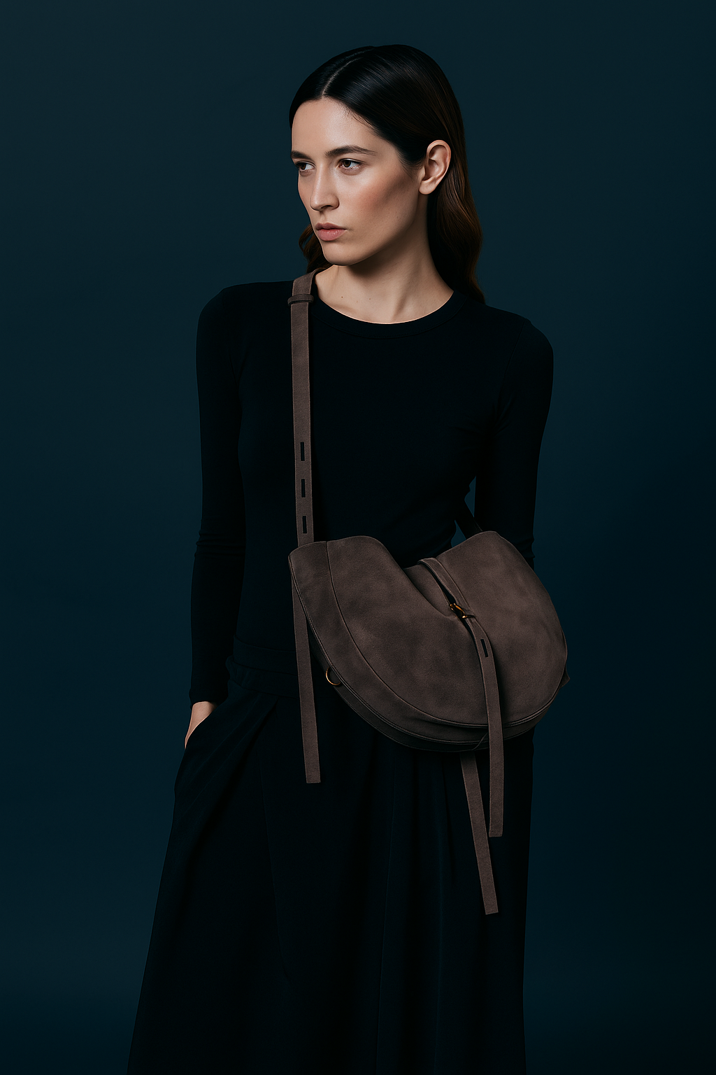 Woman wearing a black dress holding the Minobossi crossbody bag by Sommet, handmade in Italy, premium leather design, luxury crossbody accessory studio shot.