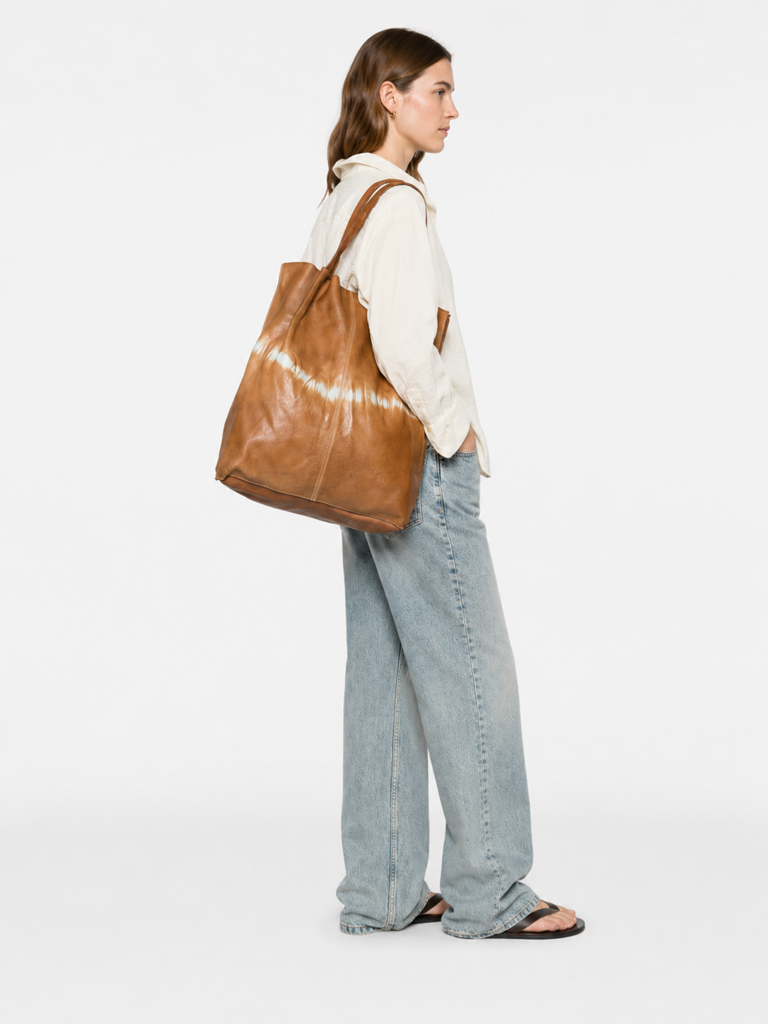 SOMMET NARA Tie-Dye large tote bag in taupe vegetable-tanned leather, handmade in Italy