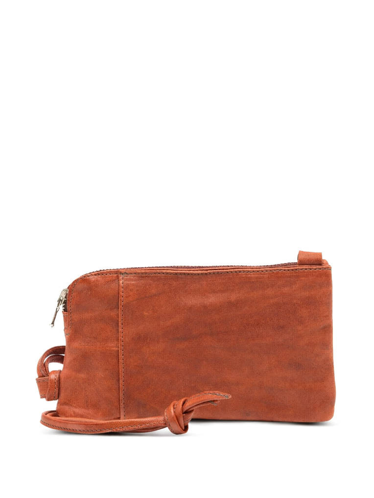 Sommet Neck cognac leather phone pouch in vegetable tanned leather, handcrafted in Italy with zipper closure and adjustable strap.