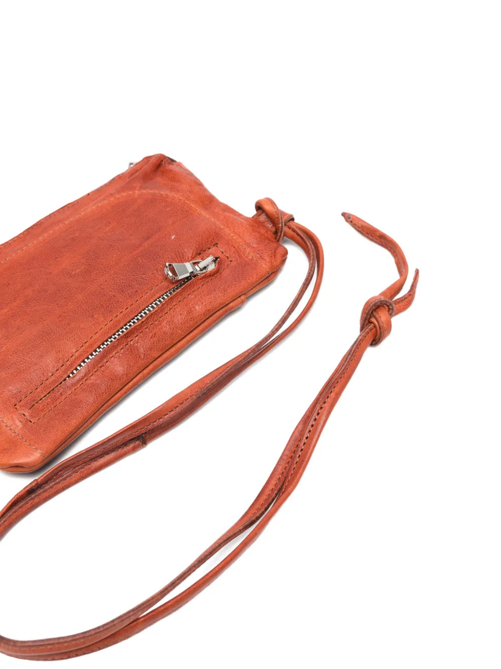 Sommet Neck cognac leather phone pouch in vegetable tanned leather, handcrafted in Italy with zipper closure and adjustable strap.