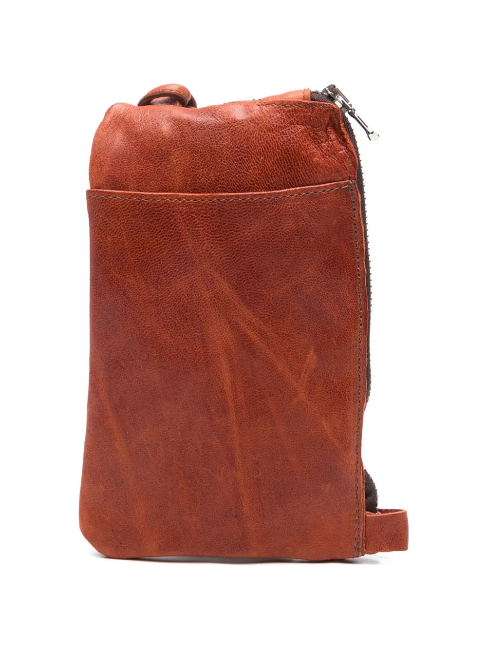 Sommet Neck cognac leather phone pouch in vegetable tanned leather, handcrafted in Italy with zipper closure and adjustable strap.