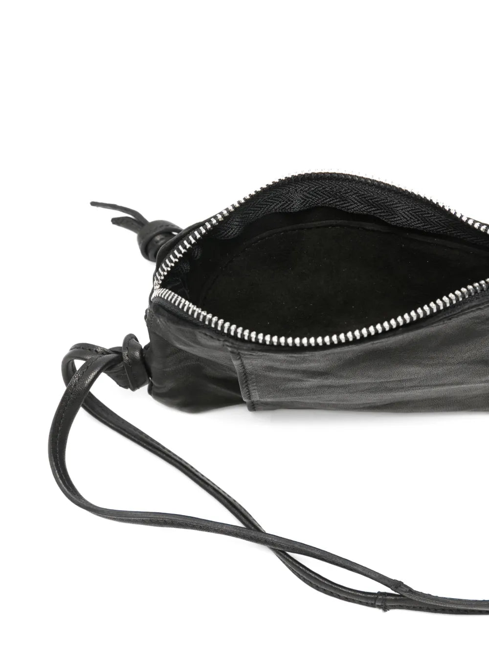 Sommet Neck black leather phone wallet with card and coin compartments, adjustable strap for neck or crossbody, compact everyday accessory