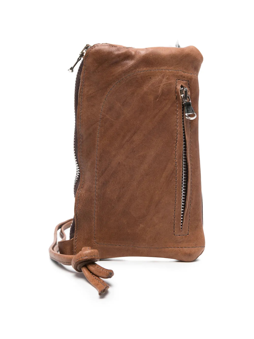 Sommet Neck sand leather phone pouch in vegetable tanned leather, handcrafted in Italy with zipper closure and shoulder strap.
