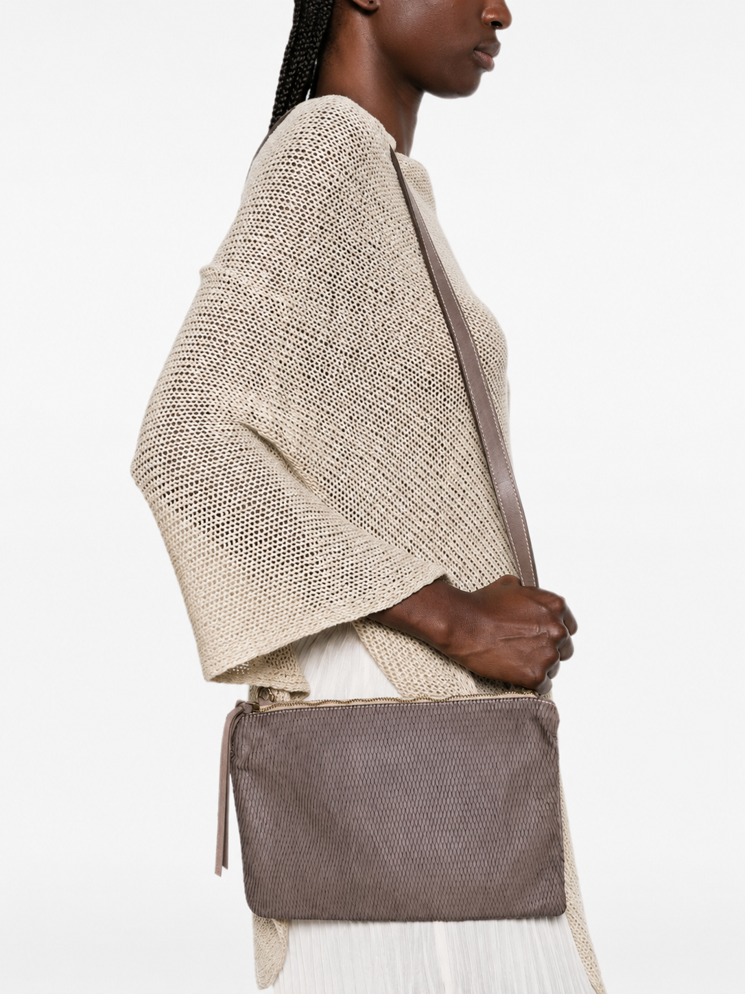 SOMMET NILO Petalino crossbody bag in taupe vegetable-tanned leather, petal texture, handmade in Italy