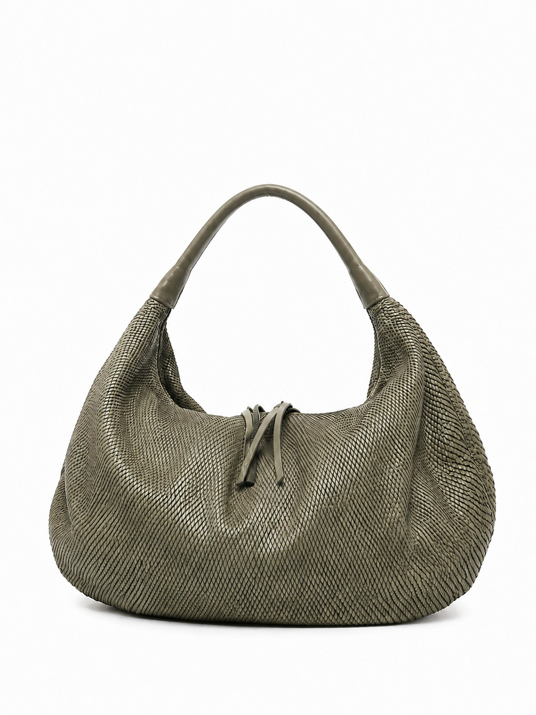 SOMMET NOMA Petalino hobo shoulder bag in olive vegetable-tanned leather, laser petal texture, handmade in Italy

