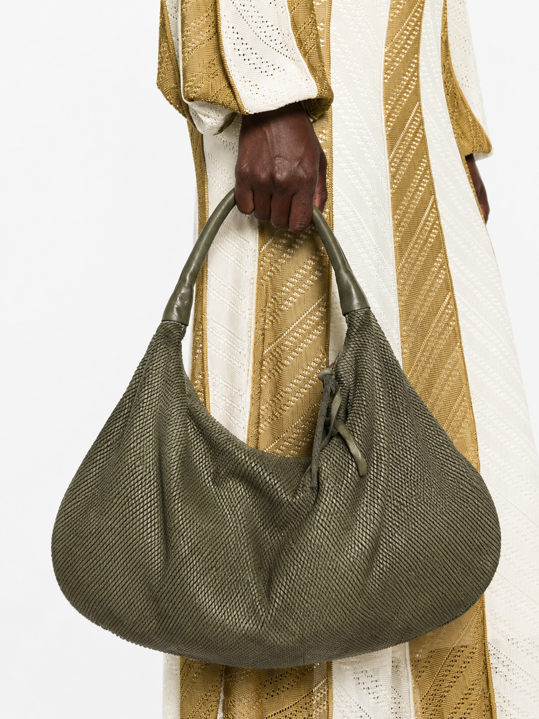 SOMMET NOMA Petalino hobo shoulder bag in olive vegetable-tanned leather, laser petal texture, handmade in Italy

