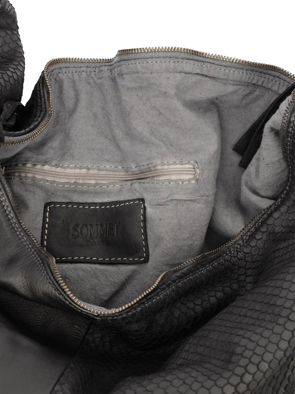 Sommet oversized black snakeskin-embossed leather shoulder bag with zipper closure, soft structure and handmade Italian craftsmanship