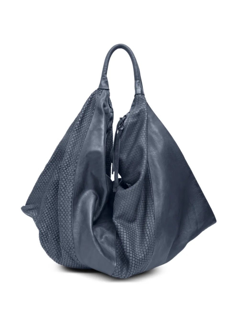 Sommet oversized navy shoulder bag in snakeskin-embossed leather with soft structure and zipper closure, handmade in Italy