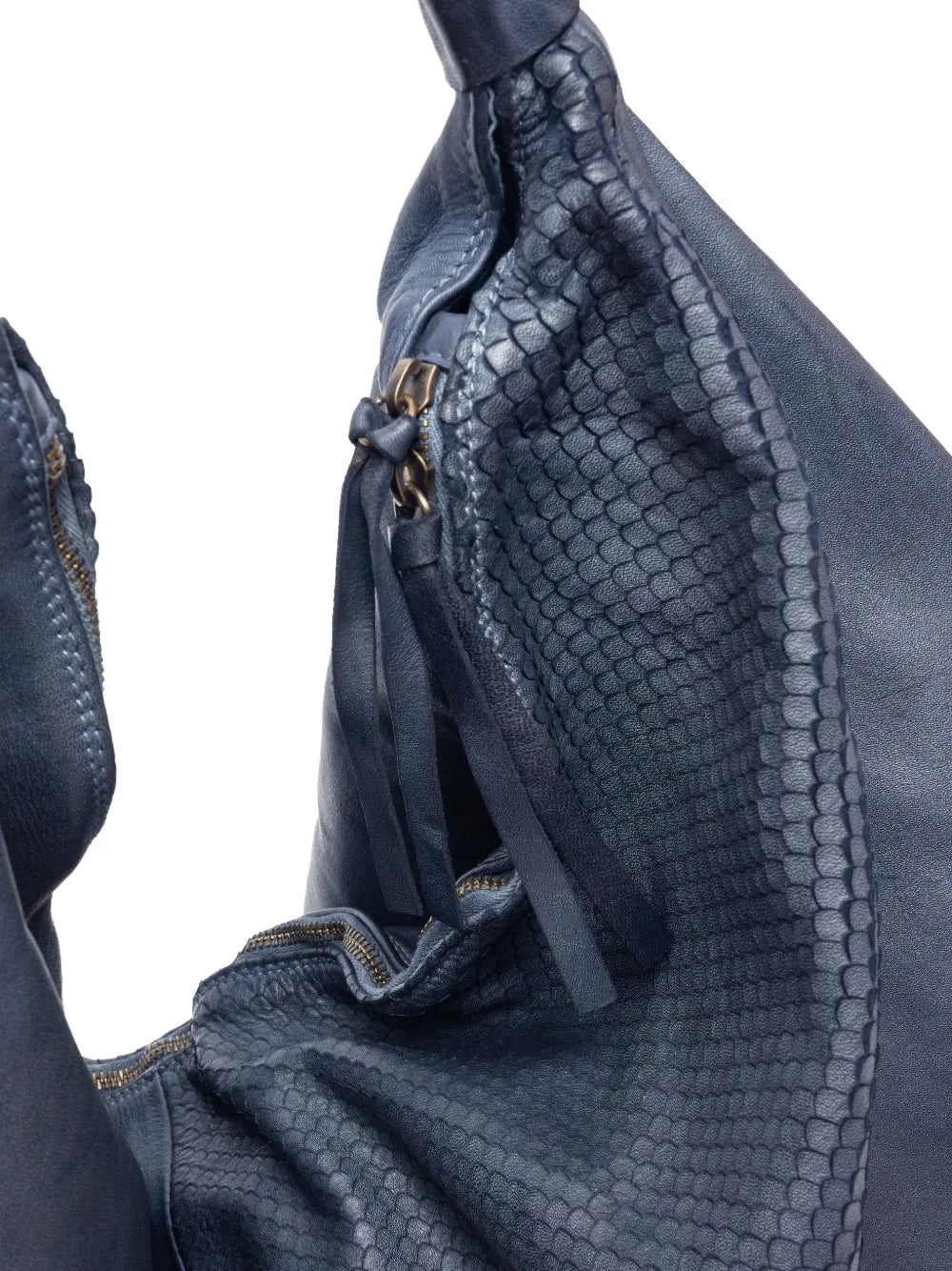 Sommet oversized navy shoulder bag in snakeskin-embossed leather with soft structure and zipper closure, handmade in Italy