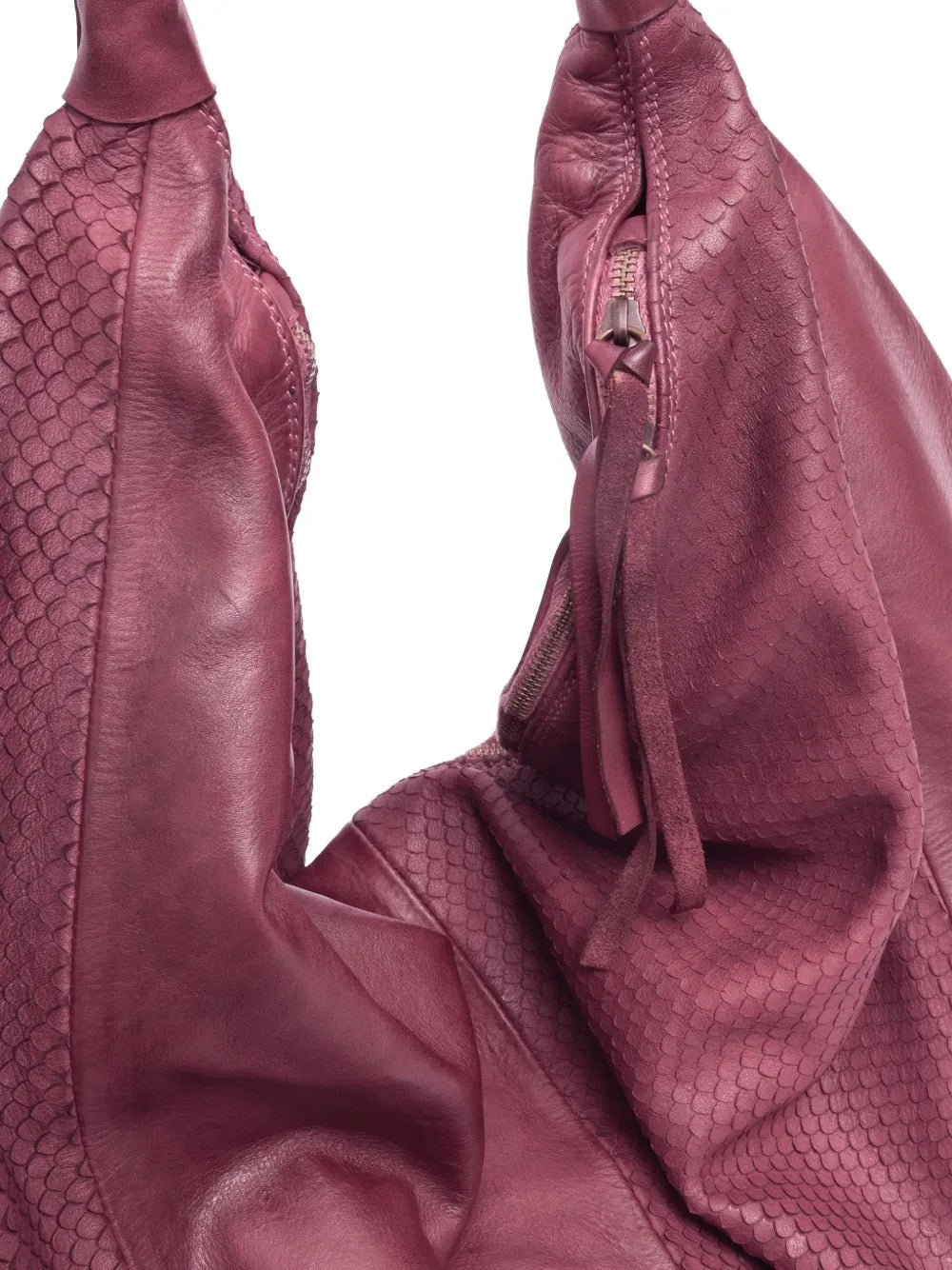 Sommet oversized Prugna burgundy shoulder bag in snakeskin-embossed leather with zipper closure and soft flexible structure, handmade in Italy