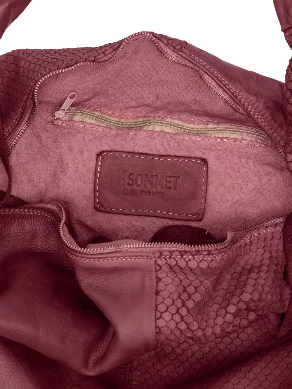 Sommet oversized Prugna burgundy shoulder bag in snakeskin-embossed leather with zipper closure and soft flexible structure, handmade in Italy