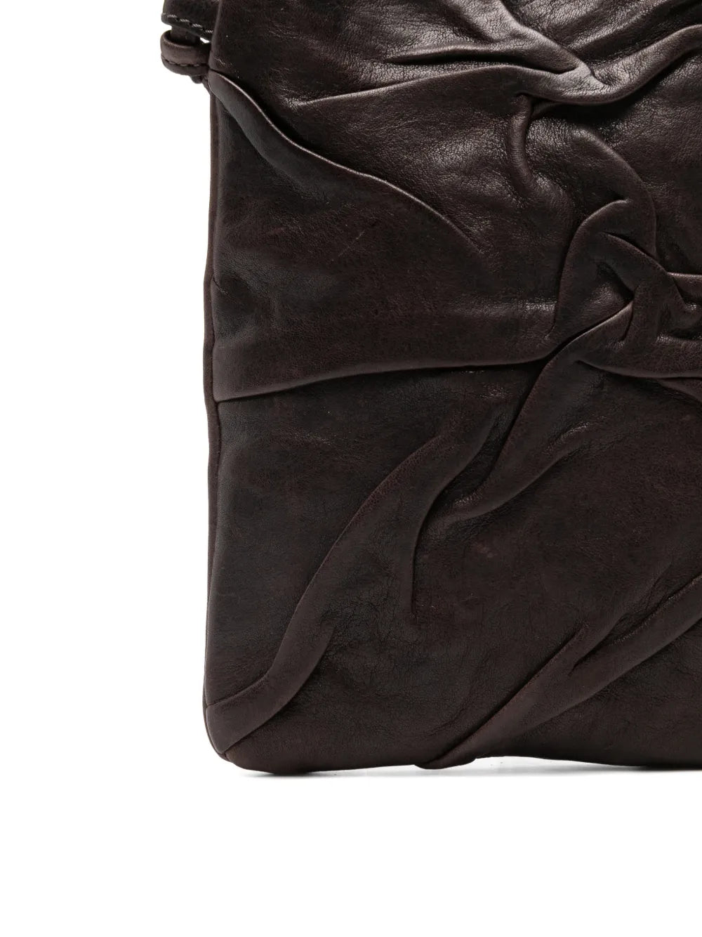 Small handcrafted leather crossbody bag by Sommet in coffee brown, Paloma Plum model with textured folds and adjustable strap, perfect for phone and essentials.