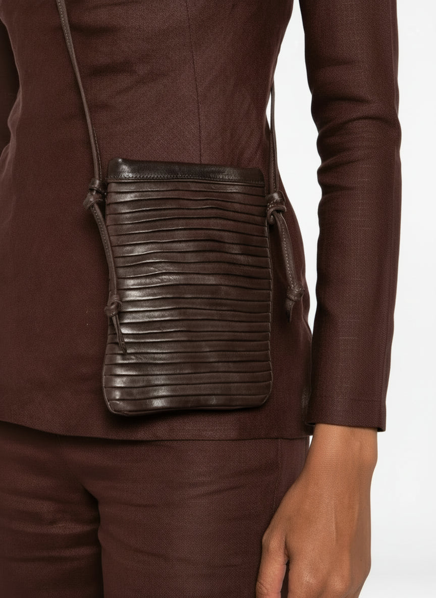 Handcrafted Sommet Paloma Rows coffee leather crossbody phone bag with clip closure