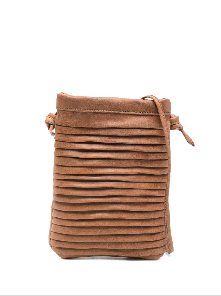 Sommet Paloma Rows crossbody bag in sand vegetable-tanned leather with handcrafted pleated texture and adjustable strap, made in Italy.