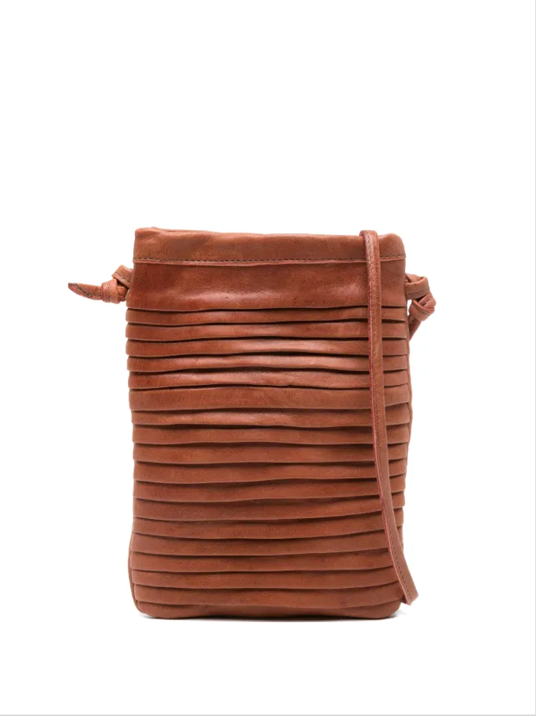 Sommet Paloma Rows crossbody bag in siena vegetable-tanned leather with handcrafted pleated texture and adjustable strap, made in Italy.