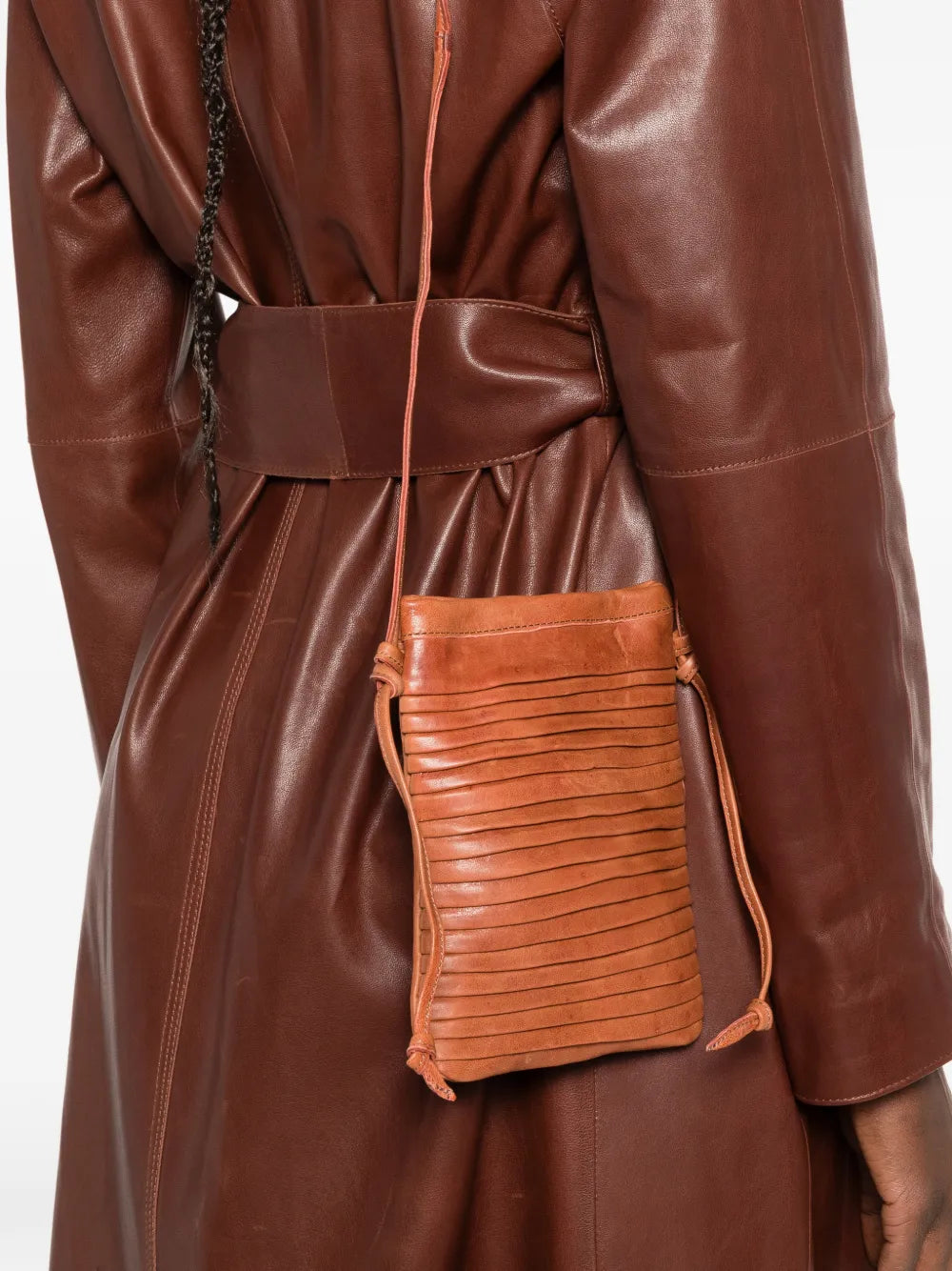 Sommet Paloma Rows crossbody bag in siena vegetable-tanned leather with handcrafted pleated texture and adjustable strap, made in Italy.