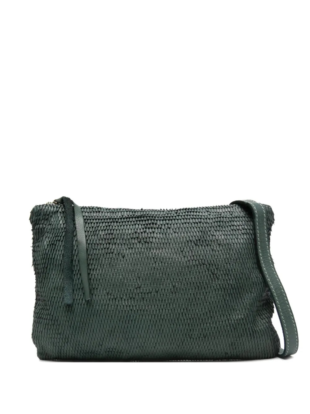 Sommet Petaliño pochette bag in forest green, made from vegetable-tanned calfskin with petal effect, adjustable and removable strap, zipper closure, interior compartments, handcrafted in Italy.