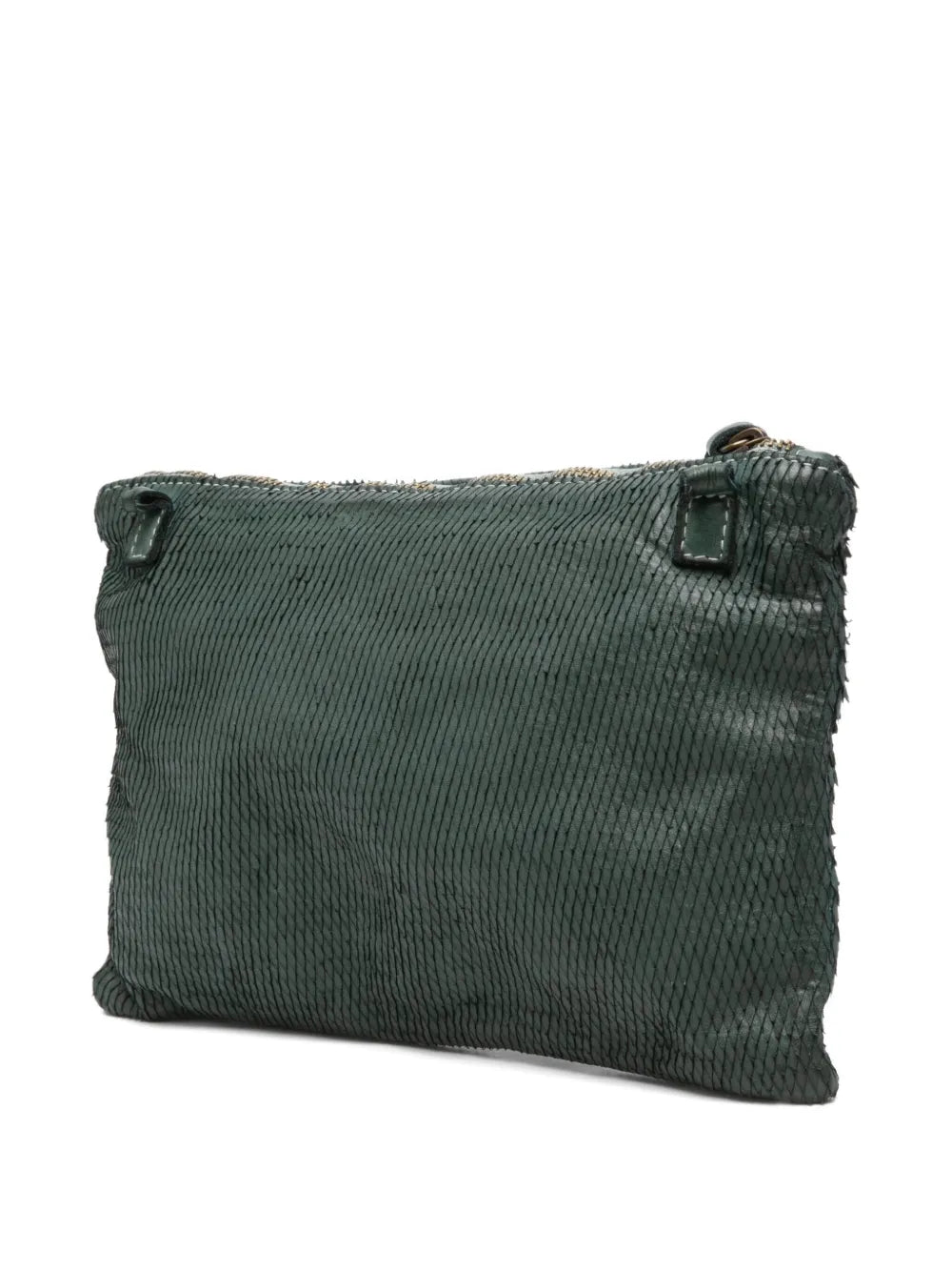Sommet Petaliño pochette bag in forest green, made from vegetable-tanned calfskin with petal effect, adjustable and removable strap, zipper closure, interior compartments, handcrafted in Italy.