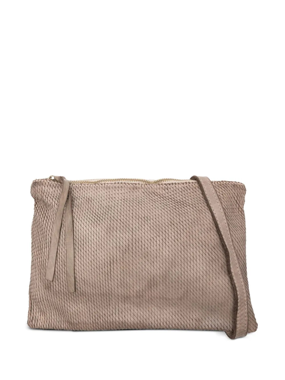 Sommet Petaliño pochette bag in taupe, made from vegetable-tanned calfskin with petal effect, adjustable and removable strap, zipper closure, interior compartments, handcrafted in Italy.
