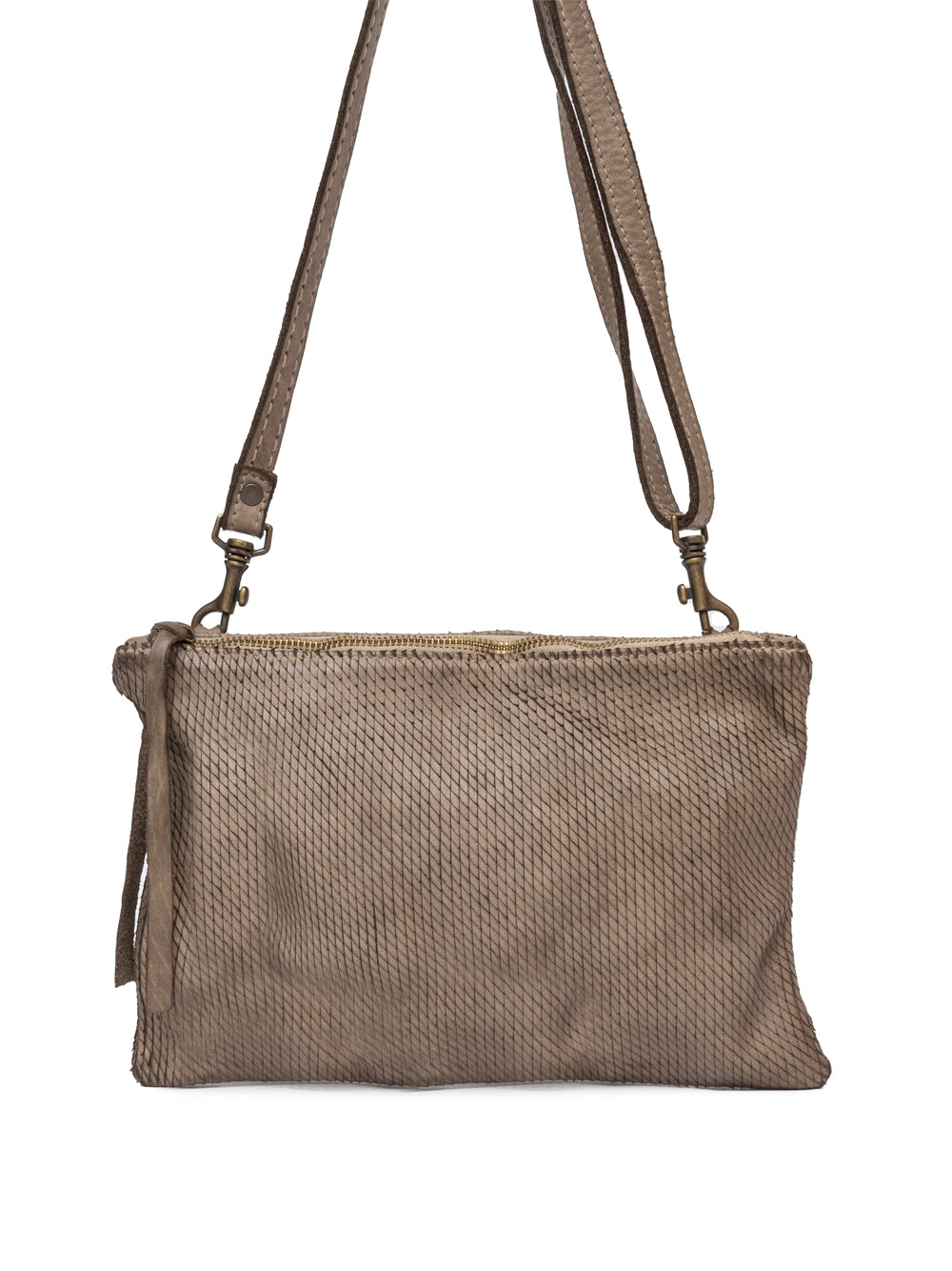 Sommet Petaliño pochette bag in taupe, made from vegetable-tanned calfskin with petal effect, adjustable and removable strap, zipper closure, interior compartments, handcrafted in Italy.