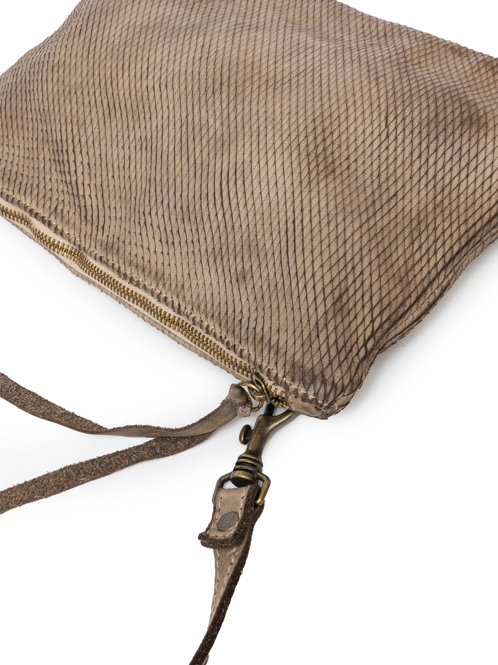 Sommet Petaliño pochette bag in taupe, made from vegetable-tanned calfskin with petal effect, adjustable and removable strap, zipper closure, interior compartments, handcrafted in Italy.