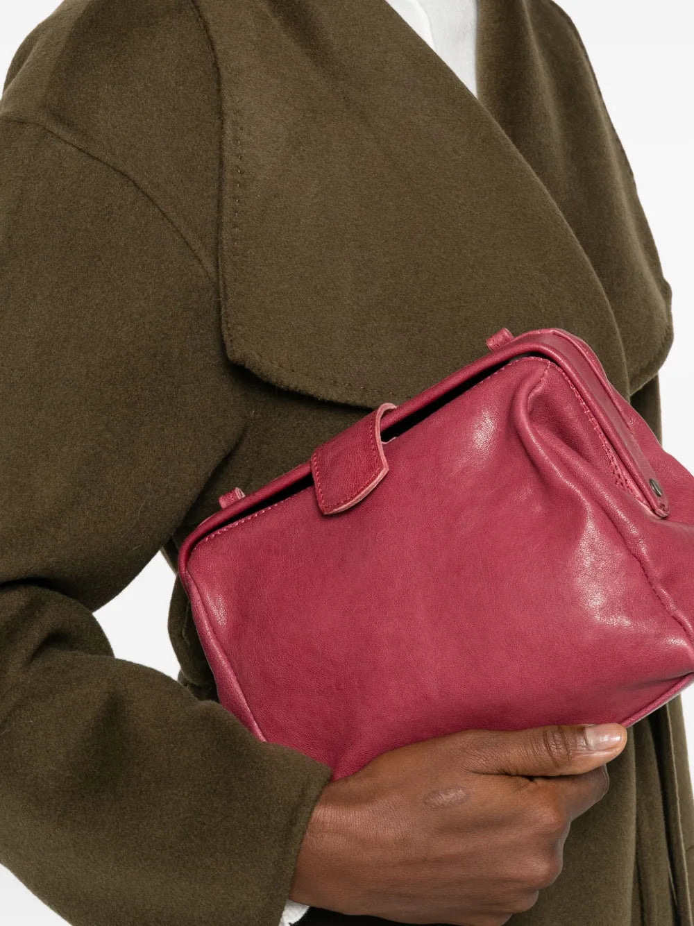 Sommet prugna lambskin clutch and crossbody bag with detachable leather strap, handmade in Italy