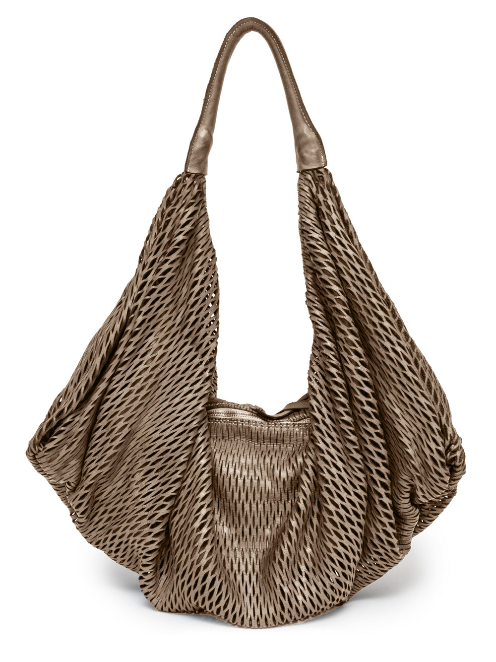 Sommet Rete 391/rete hobo bag in acacia color, made from vegetable-tanned calfskin laser-cut leather, zipper closure, interior pockets and compartments, handcrafted in Italy.