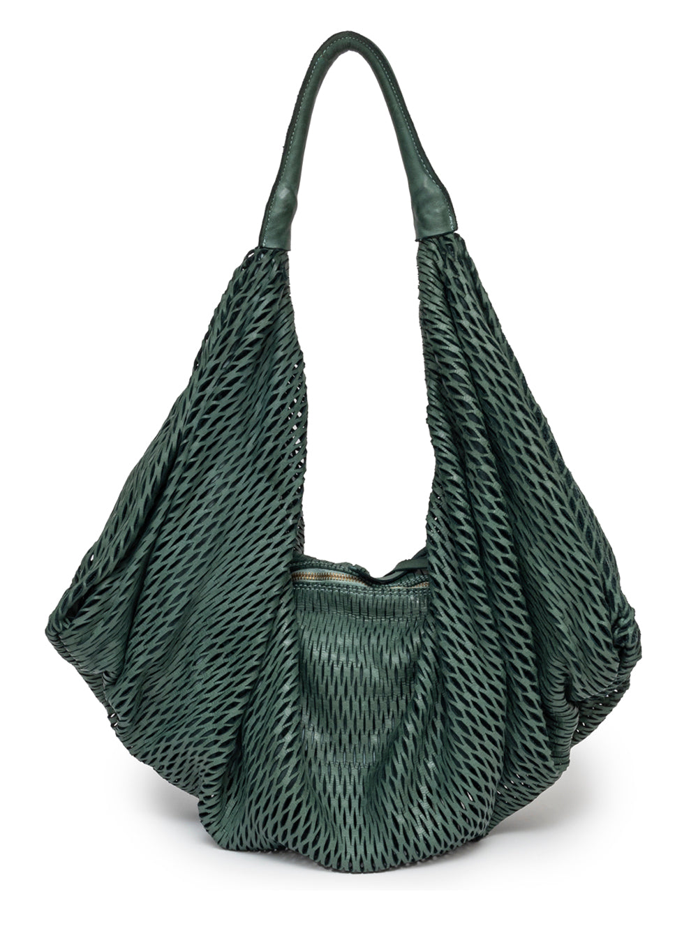 Sommet Rete 391/rete hobo bag in forest green, made from vegetable-tanned calfskin laser-cut leather, zipper closure, interior pockets and compartments, handcrafted in Italy.