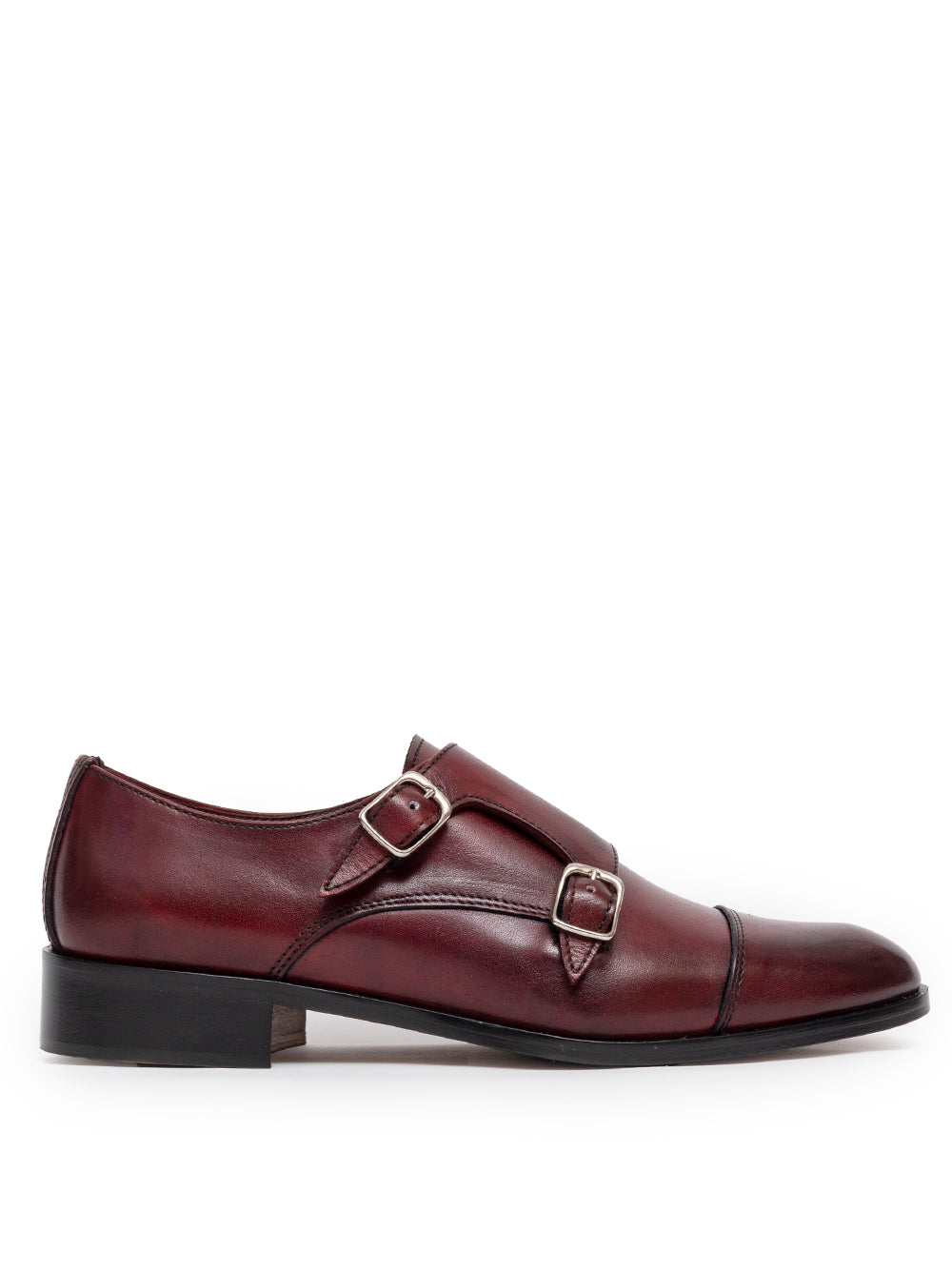 Rosso antico leather double monk strap front view — silver buckles — cap toe — SOMMET handmade in Italy

