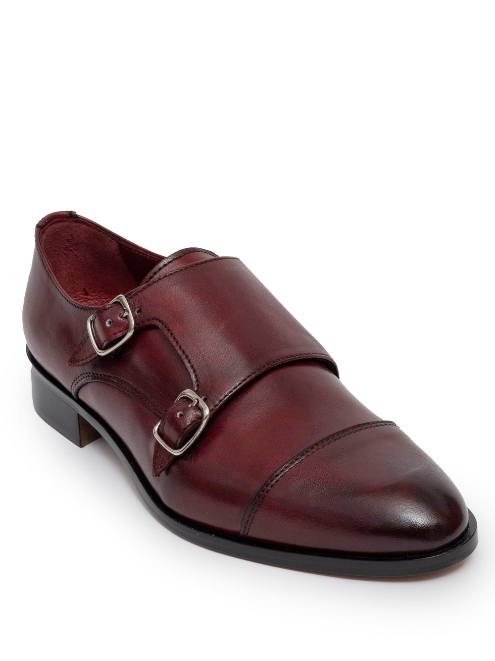 Rosso antico leather double monk strap front view — silver buckles — cap toe — SOMMET handmade in Italy
