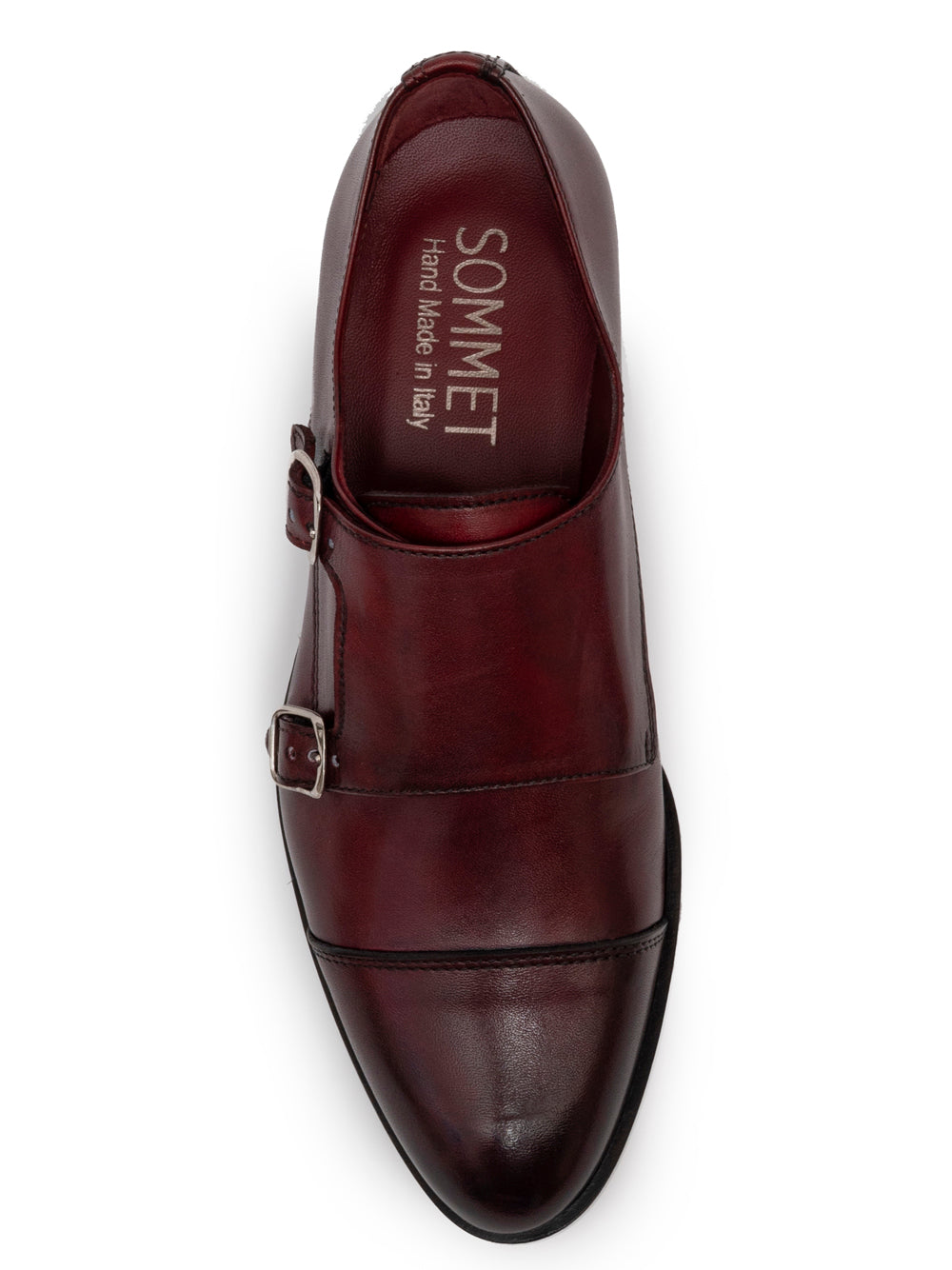 Rosso antico leather double monk strap front view — silver buckles — cap toe — SOMMET handmade in Italy
