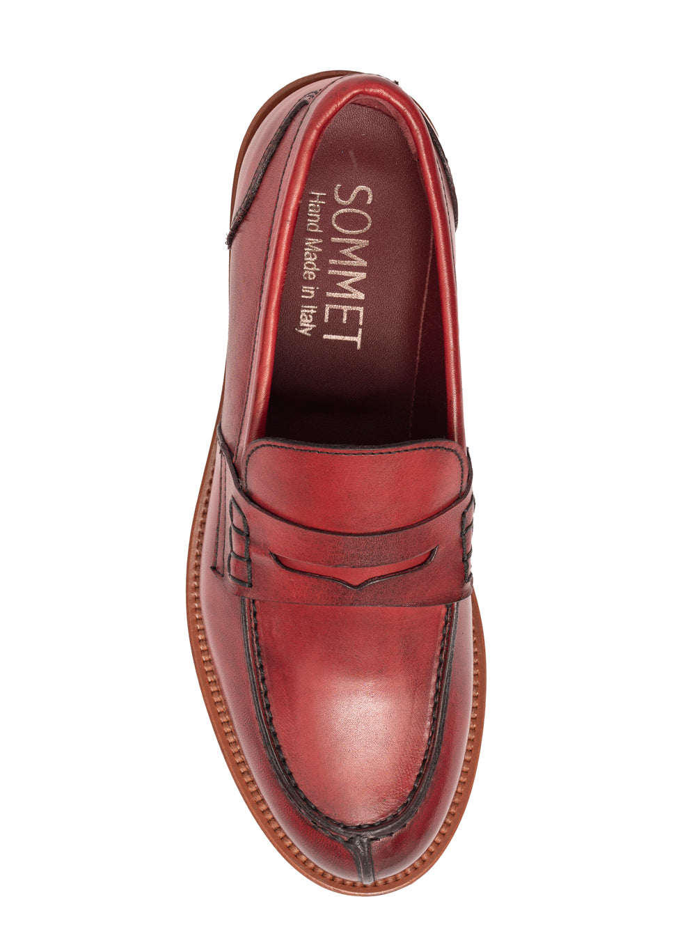 Rosso vegetable-tanned leather penny loafer  — flexible leather rubber sole — SOMMET hand made Italy
