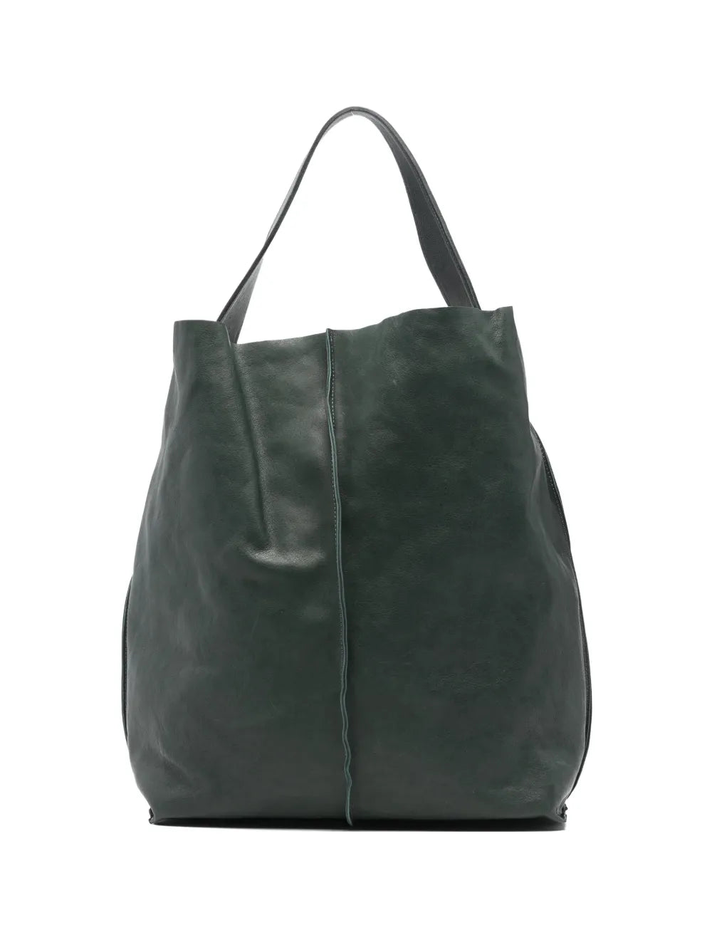Sommet Sahara bucket bag in deep cadet green vegetable-tanned leather with removable interior pouch and waxed artisanal finish, handmade in Italy.