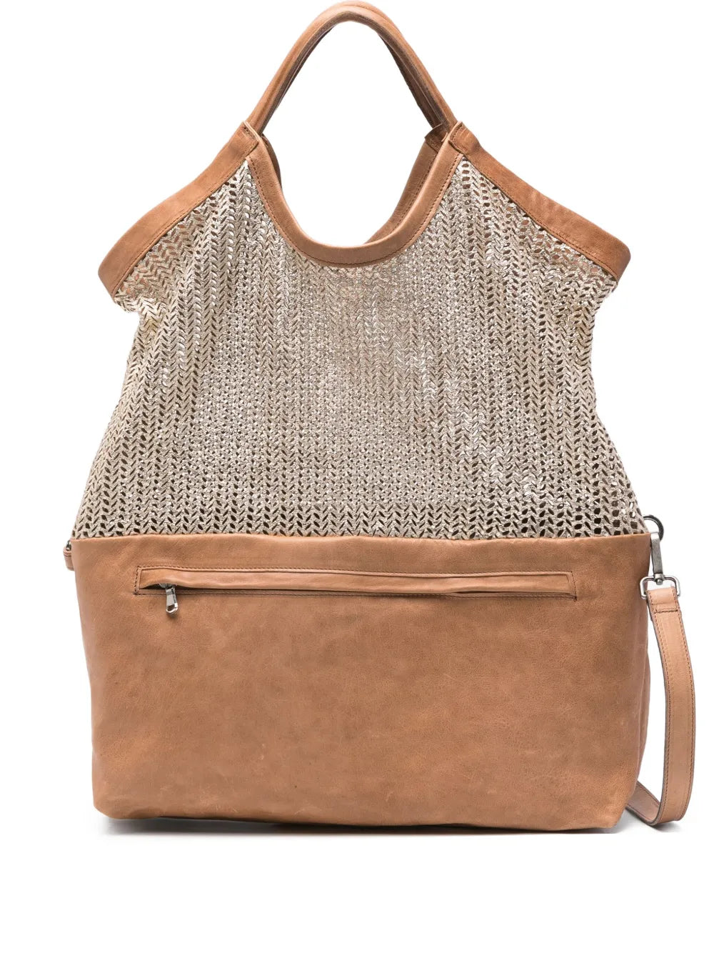 Sommet SIVIGLIA camel and gold perforated leather tote bag handmade in Italy with adjustable strap and waxed finish