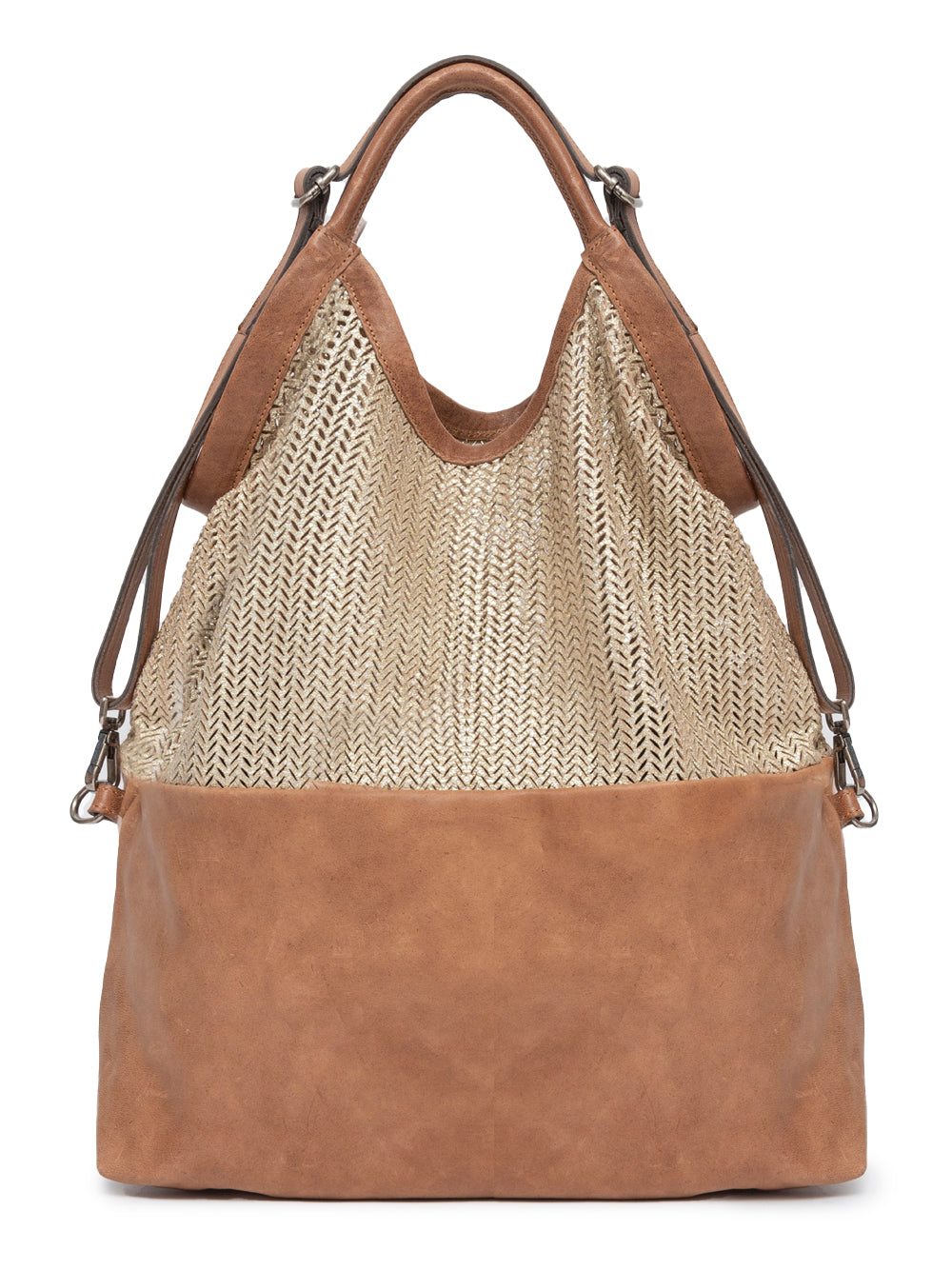 Sommet SIVIGLIA camel and gold perforated leather tote bag handmade in Italy with adjustable strap and waxed finish