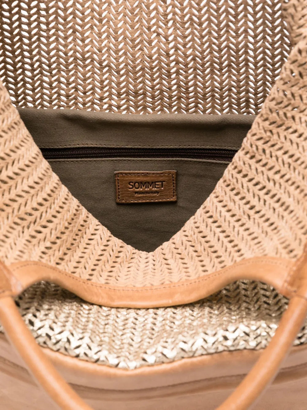 Sommet SIVIGLIA camel and gold perforated leather tote bag handmade in Italy with adjustable strap and waxed finish