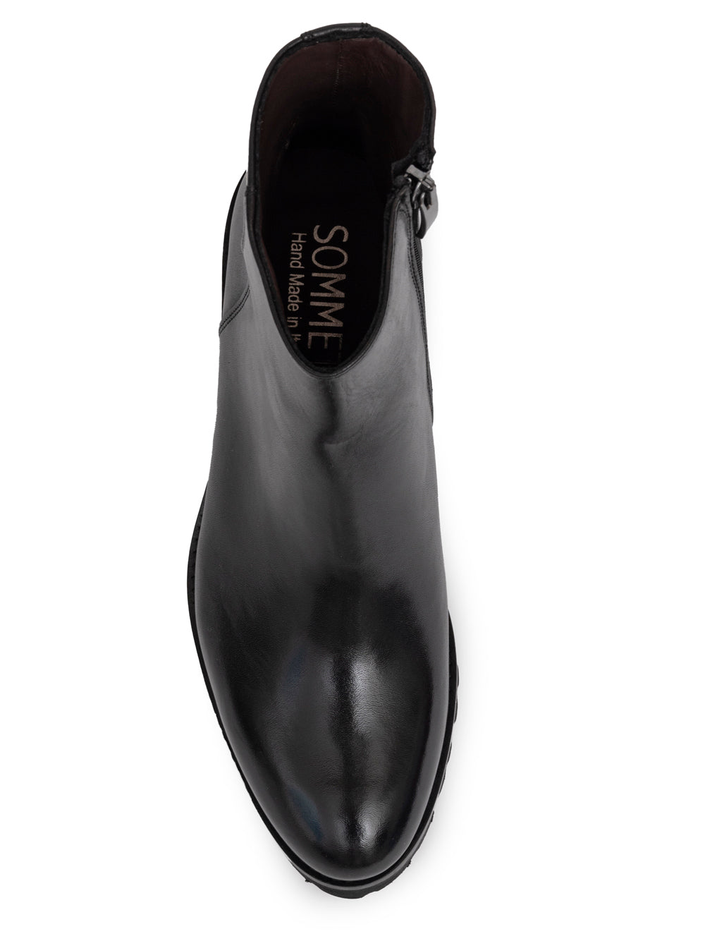 Black crust leather ankle boot lateral view — handmade in Italy — SOMMET
