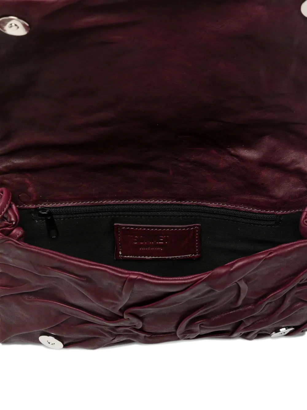 Sommet Soffieta Plum bag Barolo color with hand-molded folded vegetable-tanned leather, adjustable strap, handmade in Italy