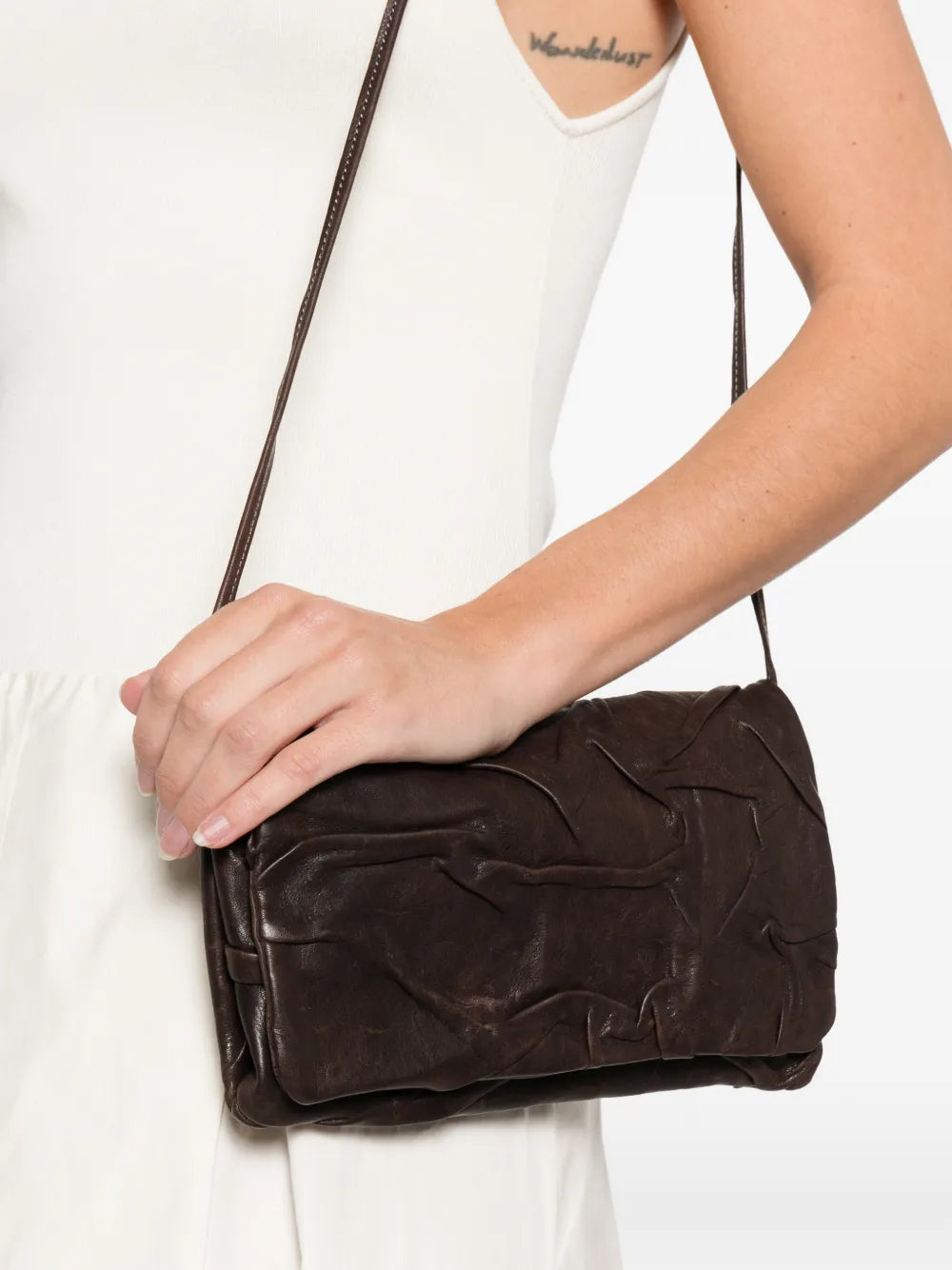 Sommet Soffieta Plum coffee vegetable-tanned leather bag with hand-molded folds and adjustable strap, handmade in Italy