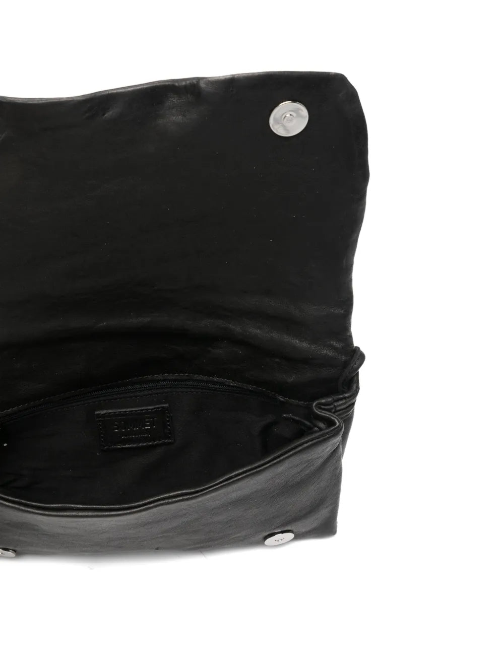 Sommet Soffieta Row black vegetable-tanned pleated leather crossbody bag with adjustable strap, handmade in Italy