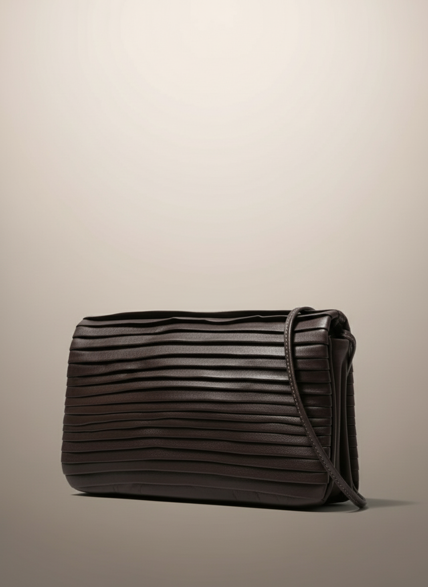 ommet Soffieta Row coffee pleated vegetable-tanned leather crossbody bag with adjustable strap, handmade in Italy