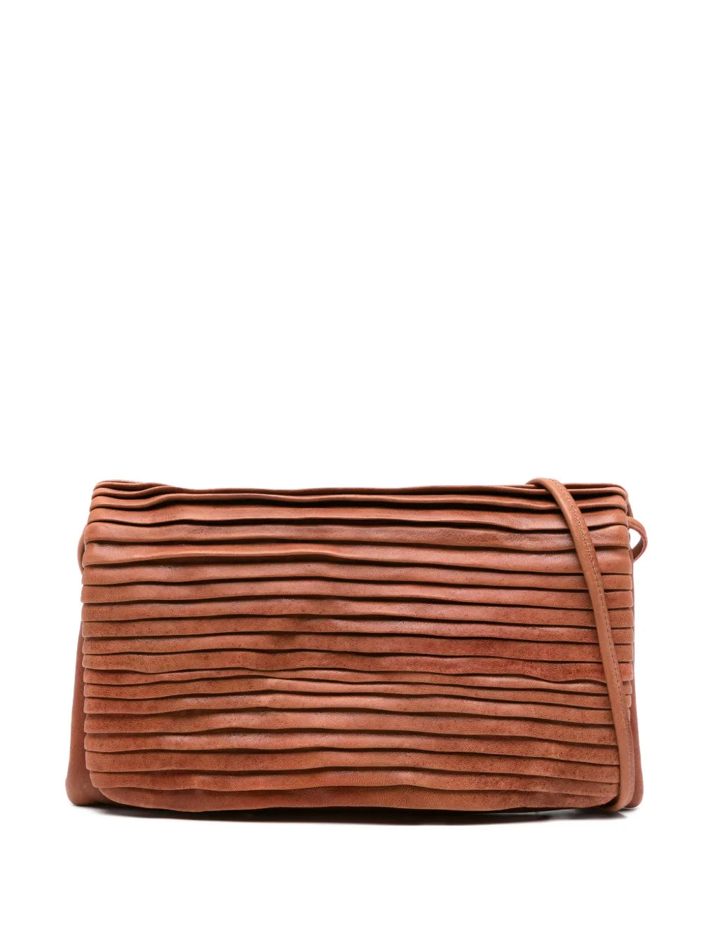 Sommet Soffieta Row cognac pleated leather crossbody bag with adjustable strap, handmade in Italy.